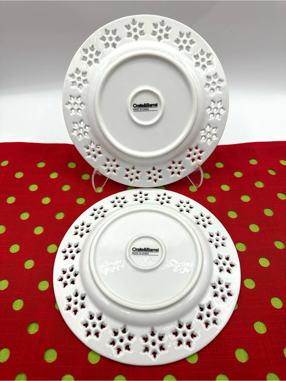 2 Crate&Barrel Snowflake Lace, Reticulated Dessert Plates. 7.75”